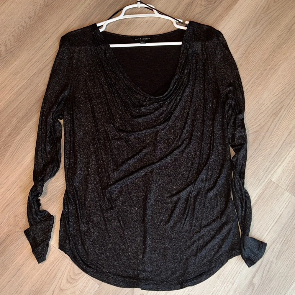 Rock & Republic Metallic LS Top L Black/Silver NWOT Draped Glam Sparkle